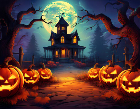 halloween pumpkins front haunted house holiday event banner background