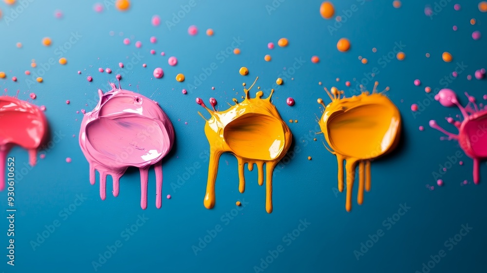 Poster vibrant splashes of paint create a colorful abstract pattern against a blue background, perfect for 