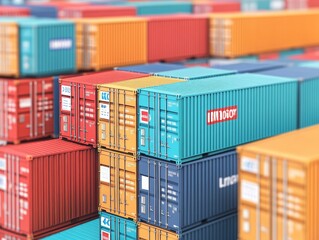 Obraz premium Vibrant shipping containers stacked in a colorful arrangement, showcasing cargo logistics and transport industry dynamics.
