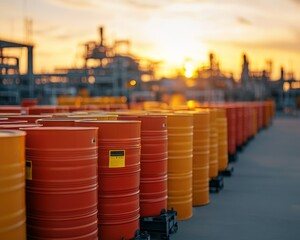Vibrant sunset over rows of colorful industrial barrels, showcasing a serene yet industrious landscape.