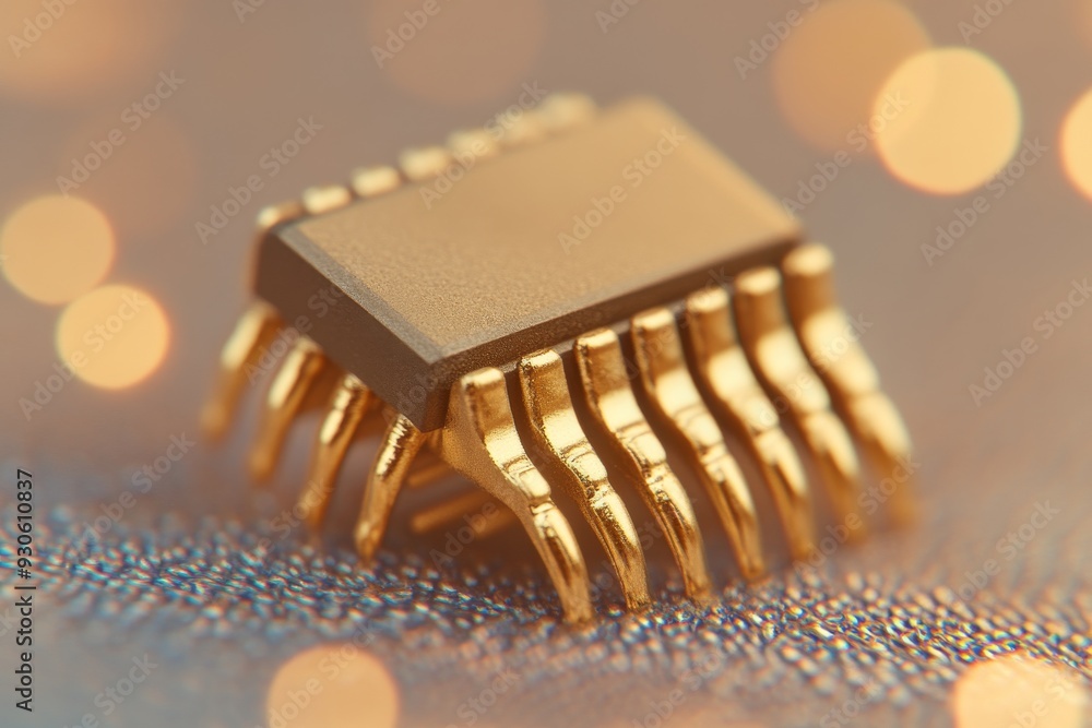 Poster close up of a gold plated microchip on a reflective surface representing the luxury and sophisticati