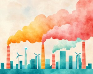 Fototapeta premium Watercolor illustration of a cityscape with smoke stacks emitting colorful smoke.