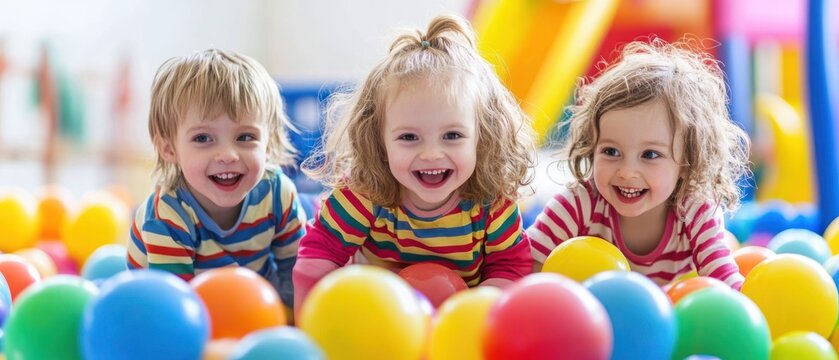 Portrait of three funny little kids playing in ball pit and enjoying time in childrens entertainment and play area