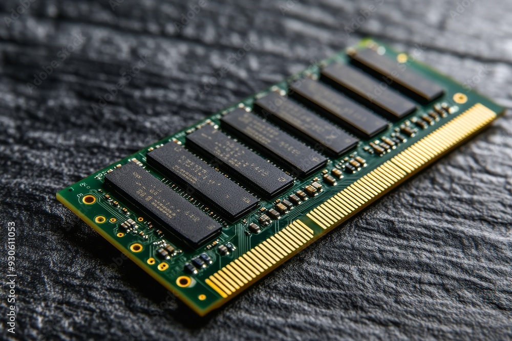 Poster high definition close up of memory chips on a black circuit board emphasizing the precision and engi