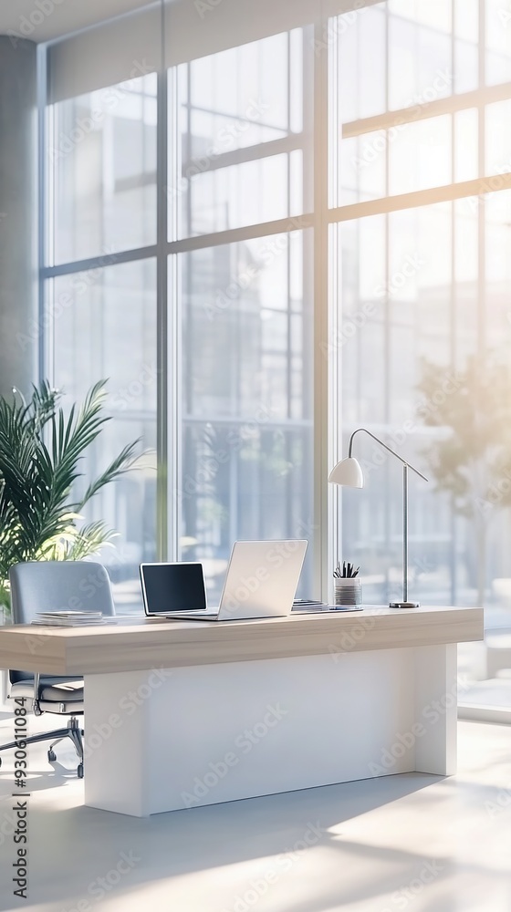 Poster bright modern office interior features an empty space with two open laptops on a desk near a large g