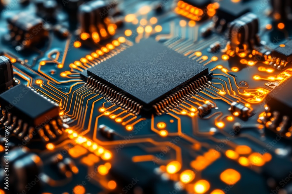 Poster high definition close up of a microchip on a circuit board illuminated by orange and blue lights sym