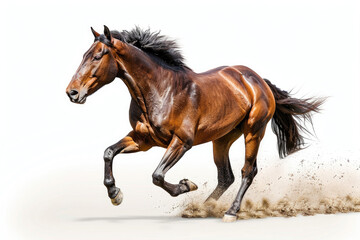 Obraz premium A powerful brown horse galloping across a sandy landscape, showcasing speed and grace in motion.