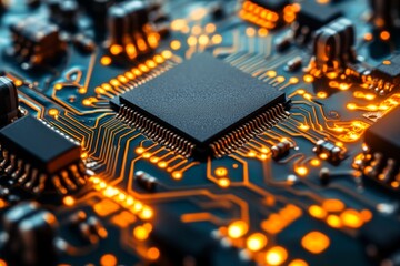 High definition close up of a microchip on a circuit board illuminated by orange and blue lights symbolizing the power and sophistication of modern electronics