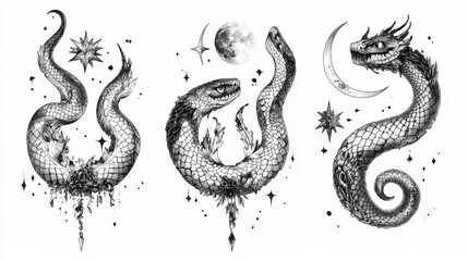 Fototapeta premium Boho style print logo tattoo designs of a magic celestial snake with crescent moon, stars and moon phases. Mystical witchy symbol. Cosmic serpent tattoo designs.