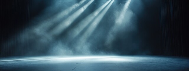 Dark empty stage with fog and dramatic backlighting