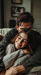 Obraz premium Happy father and daughter hugging on couch at home