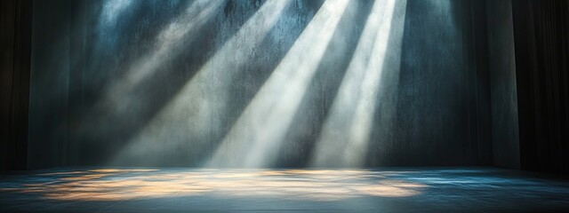 Dark empty stage with fog and dramatic backlighting