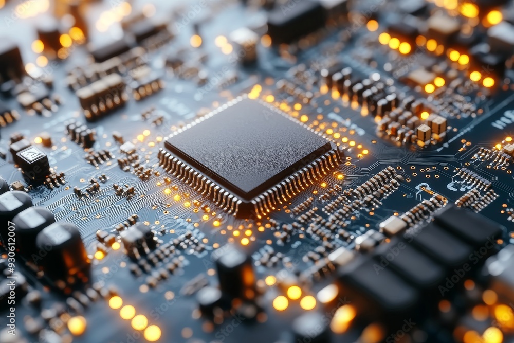Poster macro shot of a microchip on a circuit board illuminated by yellow and orange lights showcasing the 