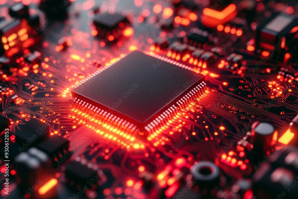 Wall mural high definition close up of a microchip on a circuit board illuminated by orange and red lights repr