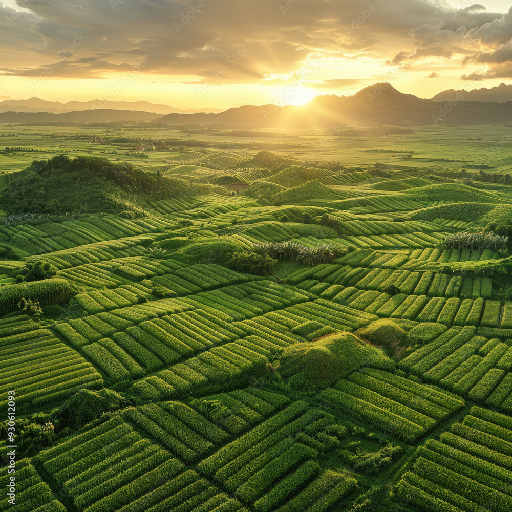 Wall mural breathtaking aerial view of lush green landscape under a golden sunset, showcasing nature's tranquil