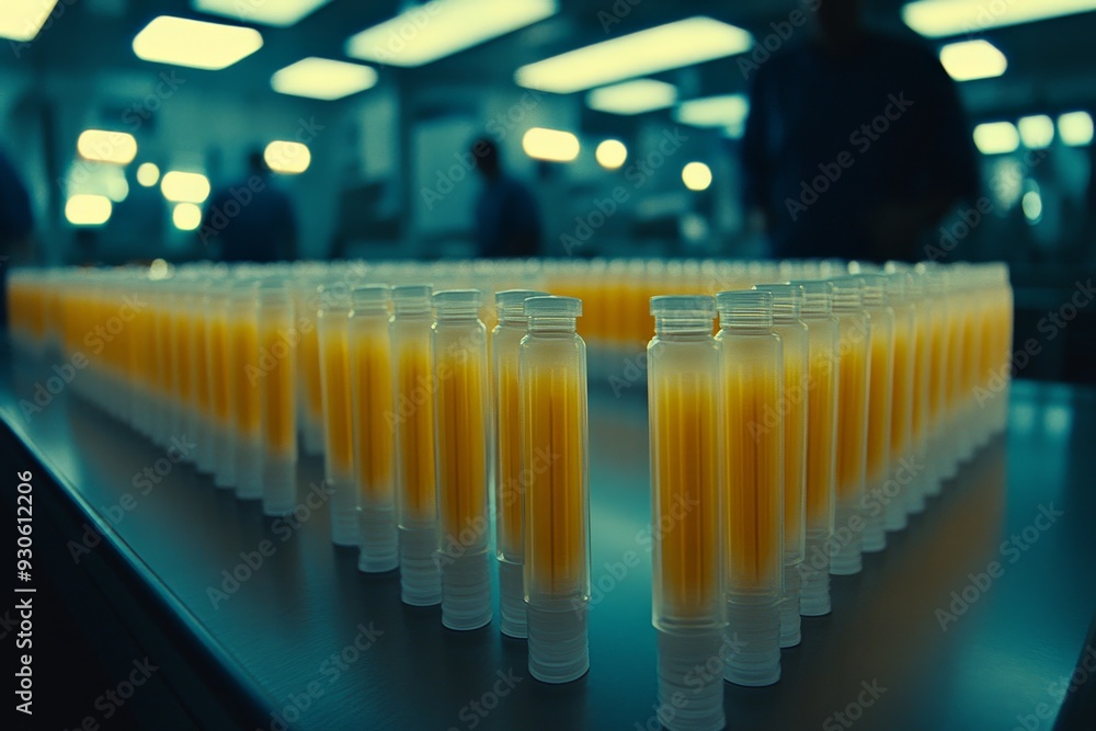 Poster abstract image of a factory line with orange glowing elements representing the manufacturing and tec