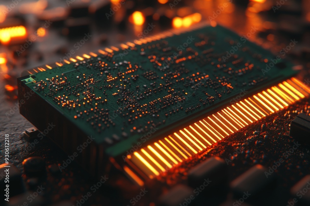 Poster macro shot of electronic components on a circuit board illuminated by orange lights highlighting the