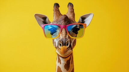 Cool, curious giraffe wearing a colorful sunglasses looks funny into the camera, isolated on yellow background. © Johannes