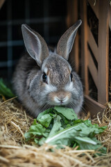 Adorable Bunny Eating Fresh Greens in Cozy Hutch with Straw Bedding