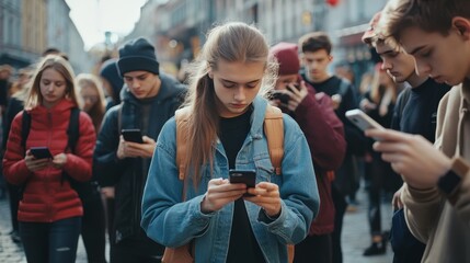 Generation z addiction  university crowd engrossed in smartphones, social media scrolling, messaging