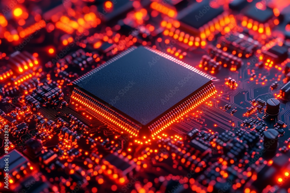 Poster vibrant depiction of a glowing microchip on a red circuit board symbolizing the energy and innovatio