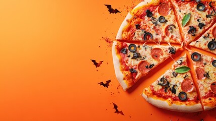 delicious pizza on orange background, halloween theme, restaurant promo