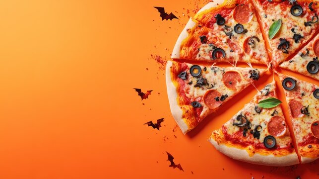 delicious pizza on orange background, halloween theme, restaurant promo