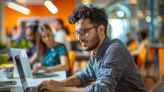 A young male software engineer in his late 20s, coding on a laptop in a vibrant, open-plan office, with team members collaborating in the background.