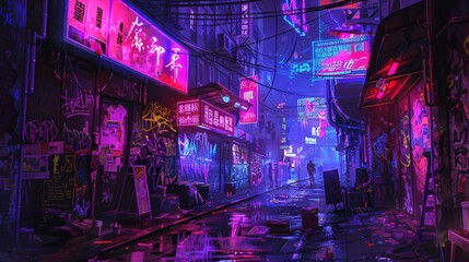 Neon City Alleyway at Night