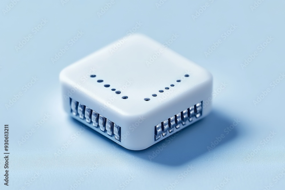 Aufkleber close up of a small white electronic component on a blue background highlighting the simplicity and 