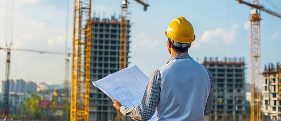 Indian engineer wearing a hard hat holding blueprint inspecting construction site cranes in the background construction progress industrial area