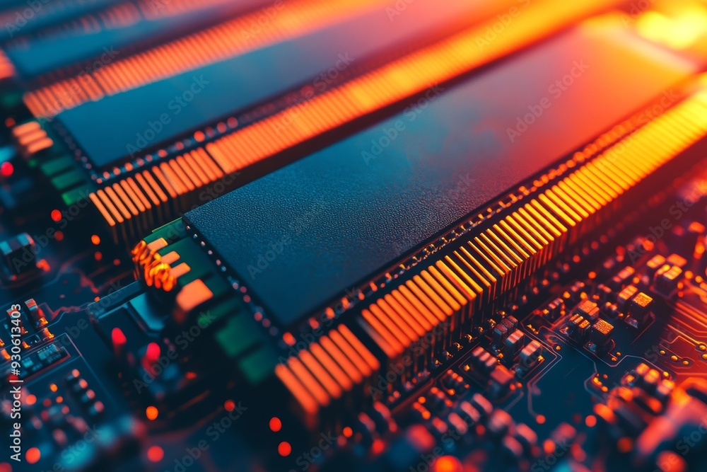 Poster macro shot of golden electronic components on a circuit board illuminated by warm light representing