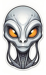 Illustration of the face and head of a silver colored alien isolated against a white background 