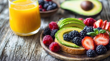 Clean and appetizing photograph of a healthy breakfast spread with avocado toast, mixed berries, and a glass of freshly squeezed orange juice. 