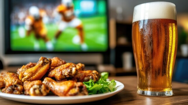 A delicious plate of chicken wings paired with a cold beer sits on a table as an exciting football game plays on a big-screen TV in the background