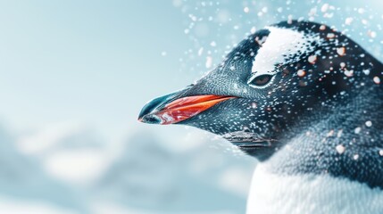 Naklejka premium Enchanting double exposure of a penguin with Antarctic landscapes in the background, showcasing the charm and resilience of these beloved birds in their icy realm, ultra-realistic, vibrant colors,