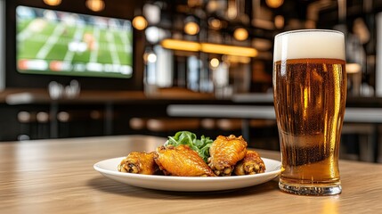 A delicious plate of chicken wings paired with a cold beer sits on a table as an exciting football game plays on a big-screen TV in the background