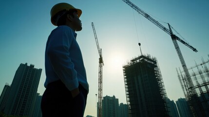 Asian engineer on site directing workers with cranes scaffolding and half-built structures in the background