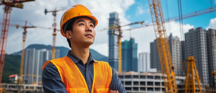 Determined Asian engineer wearing safety helmet checking progress at a construction site with towering cranes and building structures