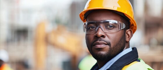 Black engineer supervising safety protocols on an active construction site with workers and machinery in the background