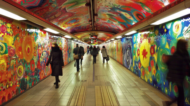 An art exhibit installed in a subway station, with commuters walking by, and colorful, thought-provoking artwork on display.