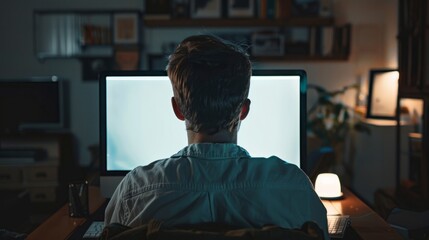 Over shoulder shot of a young man using computer laptop in front of an blank white computer screen in home