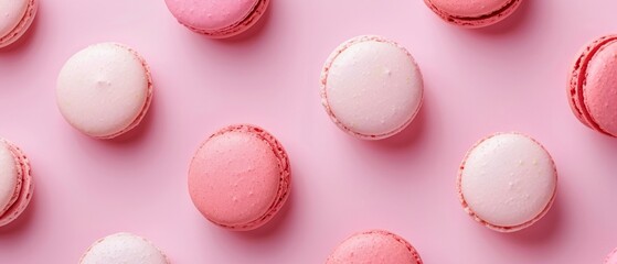 Obraz premium Pastel macaron on light pink background or dessert cake macaron, Top view