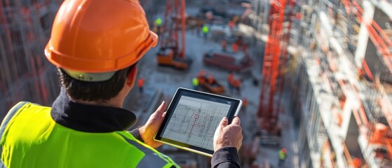 Japanese engineer using a tablet to monitor construction progress with a site full of equipment and workers highlighting modern technology integration and project oversight