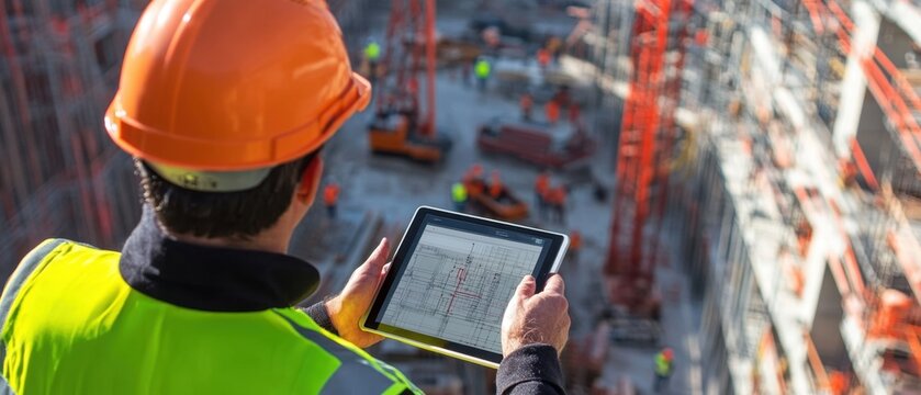 Japanese engineer using a tablet to monitor construction progress with a site full of equipment and workers highlighting modern technology integration and project oversight