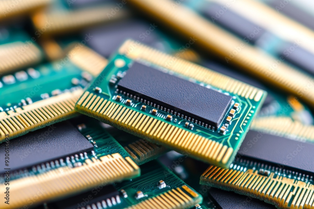 Poster close up of green memory chips stacked on a circuit board illuminated by warm light representing the
