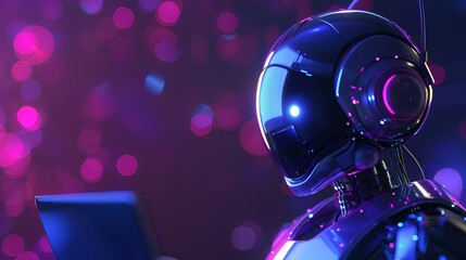 Fototapeta premium Futurism humanoid robot with a glowing helmet looks at a digital tablet in a dark room with neon bokeh lights.