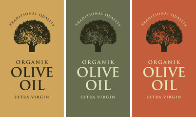 Set of vector labels for olives or olive oil with olive tree design. Suitable for designing logo, sticker, banner