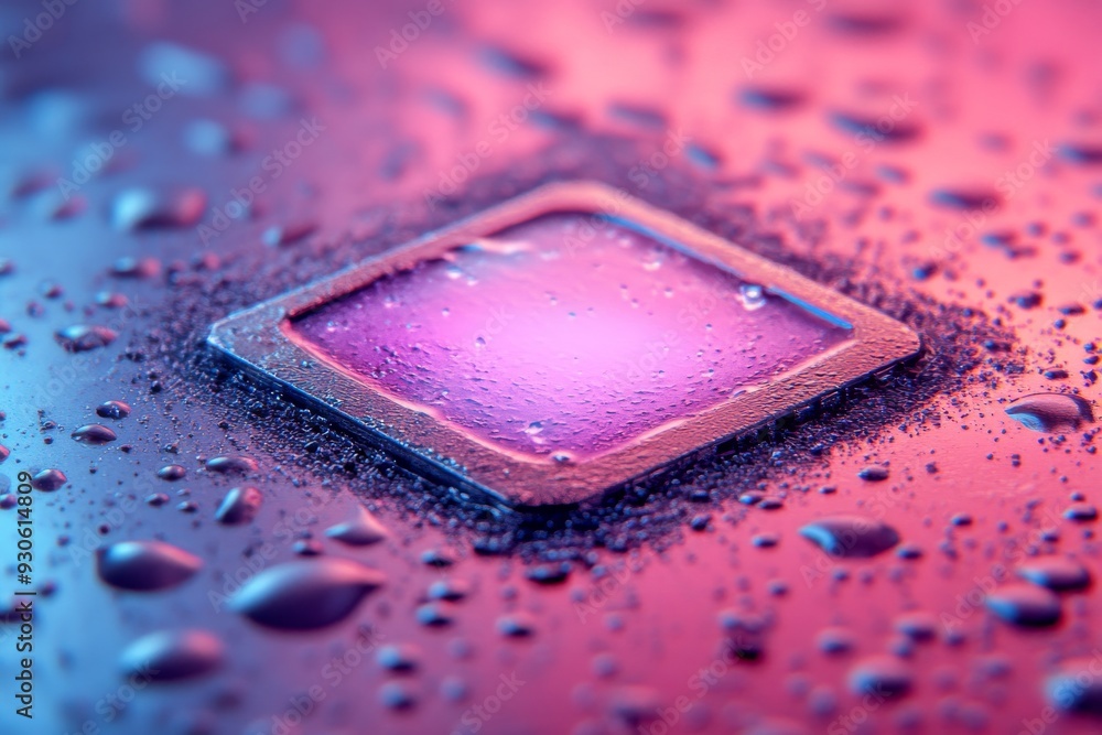 Poster high definition macro shot of a microchip on a textured surface illuminated by pink and blue lights 