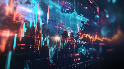 Obraz premium Global Crisis Chart Concept, Abstract double exposure of global crisis chart on holographic world map background. Ai generated